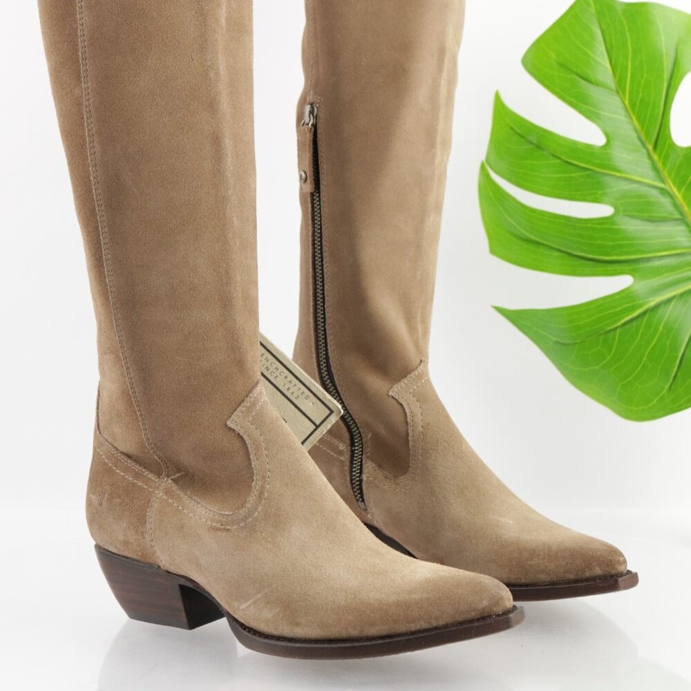 Frye Womens Sacha OTK Riding Boot Size 6.5 Tan Suede Western Block‎ Heel Pointed - Picture 4 of 16